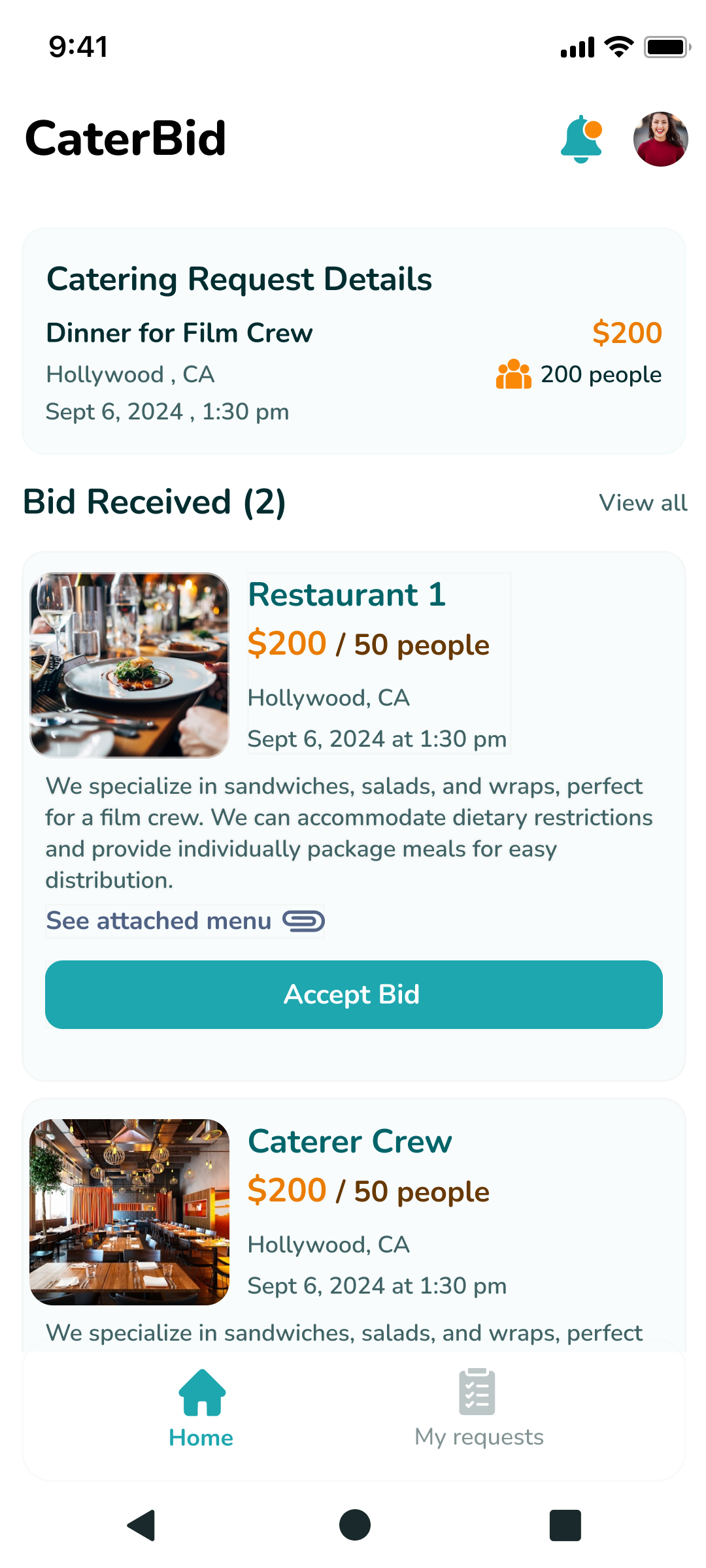 CaterBid Home Screen